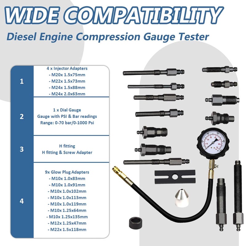 Bicos Diesel Engine Compression Tester Kit with 0-1000 psi Gauge and Adapters Cylinder Pressure Test Tool Kit Diesel Injector Tester Check Cylinders in Diesel Car & Truck - Image 2
